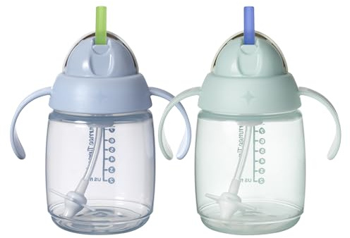 Tommee Tippee Starter Weighted Straw Baby & Toddler 10oz Sippy Cup for 6 Months+, with Silicone Weighted Straw and Easy-Hold Handles, BPA Free, Blue & Green, Pack of 2