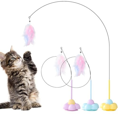 UNOSEKS Katzenangel Stabil, 3 Stück Vogelspielzeug für Katzen Interaktives Spielzeug, Selbstbeschäftigung Angel mit Federn Saugnapf katzenspielzeug Cat Toys