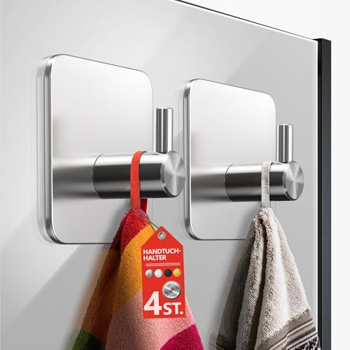 4smile Handtuchhaken ohne Bohren - 4er Set Handtuchhalter ohne Bohren Edelstahl, robuste Haken, Klebehaken wasserfest - Haken selbstklebend, Bad Handtuchhaken, funktionale Badezimmer Handtuchhalter