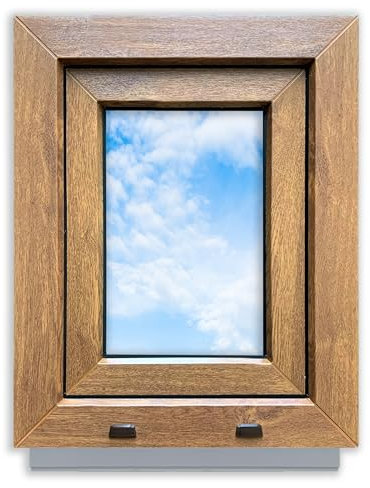 LORAC | Kunststofffenster Goldene Eiche-weiß 400x500mm, 40x50cm, PCV, DIN Links, kippbar & ausstellbar, 2-fach Verglasung, energiesparend – Fenster mit CE-Zertifikat für Keller und Wohnung