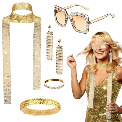 5 Stück Disco Accessoires, 70er Jahre Disco Zubehör, Disco Outfit Damen Accessoires mit Pailletten Schal Ohrringen Sonnenbrille Haarband Armband, 70er Damen Glitzer Schmuck für Fasching Karneval