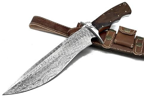 M. Zille Coltello Artigianale in Acciaio Damasco Manico Legno Lama Fissa Caccia Coltello da Collezione Coltello Bushcraft