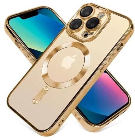 KK KENIK Case For iphone 14 Pro,Shockproof Luxury Magnetic Wireless Charging Case With Lens Glass,Clear Plating Silicone Soft For iphone 14 Pro Phone Cover (Gold)