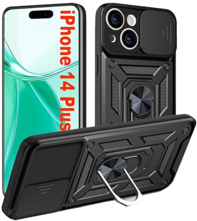 HLVEXH Cover per iPhone 14 Plus, Custodia per iPhone 14 Plus con Protezione Fotocamera [Slidable] Antiurto Grado Militare 360° Anello Supporto TPU Bumper Case, Nero (Senza Pellicola Protettiva)