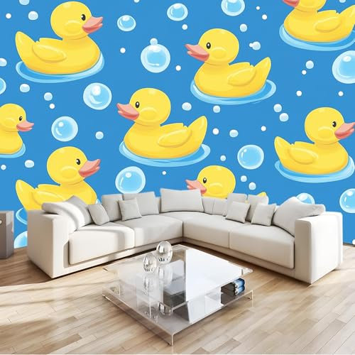 Papier Peint Panoramique Bleu, 3D Papier Peints Intissé Canard En Caoutchouc À Bulles Mignon Décoration motif pour Salon Chambre d'enfants Restaurant, Poster 400 x 280 cm
