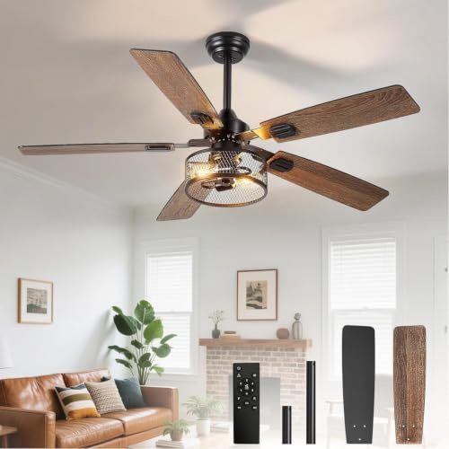 Depuley 52-Inch Ceiling Fans with Lights: Caged Ceiling Fans Dual Finish 5 Blades - Rustic Ceiling Fan with Remote Control for Industrial Living Room Outdoor Patio (E27 Bulb Included)