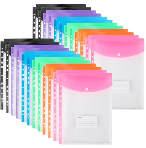 24 durchsichtige, erweiterbare Plastik-Ordnerhüllen A4, 11 Löcher, für 2/3/4 Ringordner mit Druckknopf und Etikett, transparente bewegliche Blätter für Büro, Schule