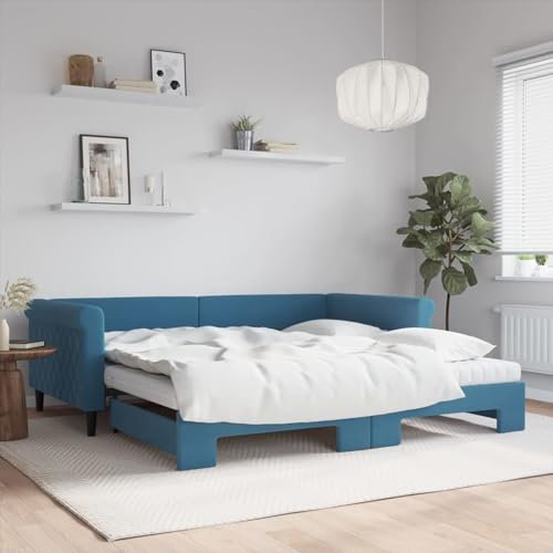 Gecheer Tagesbett Ausziehbar Gästebett Bett Sofa Ausziehsofa Couchbett Samtbett Bettsofa Schlafsofa Lattenrost Ausziehbett Holzbett Bettgestell Schlafcouch mit Matratzen Blau 100x200 cm Samt