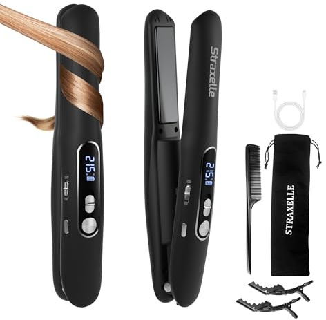 Straxelle Mini Lisseur Sans Fil et Boucleur Cheveux 2 en 1, Fer a Lisser avec 5000mAh, 3 Températures Réglables 175°C-215°C, Lisseur de Voyage avec écran LED pour Tous Types de Cheveux (Noir)