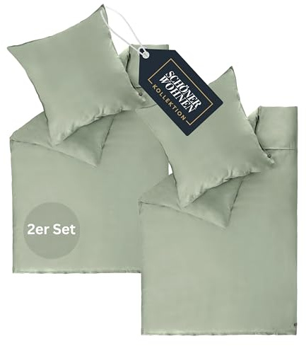 SCHÖNER WOHNEN Satin Bettwäsche 140x200 Baumwolle Grün - Luxus Bettwäsche-Sets 4teilig - weich & atmungsaktiv - bestehend aus 2 Bettwäschebezüge und 2 Kopfkissenbezüge 70x90cm - Öko-Tex