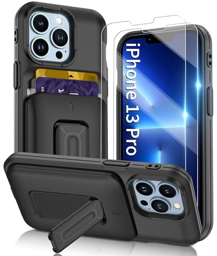Gritup for iPhone 13 Pro Phone Case with Cards Slot Sliding Cover,Heavy Duty Shockproof Protective [Kickstand] [2X HD Screen Protectors],iPhone 13 Pro-Black