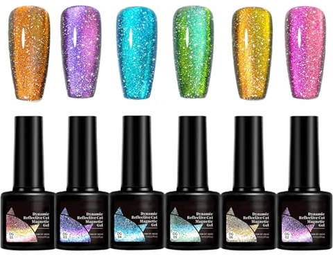Magnetic Gel Polish, Holographic Nail Set, 6 Color Kit, Glitter Finish, Quick Dry Formula for Do-It-Yourself Nail Design Salon-Grade Shine, Ideal for Travel Events Beginners Girls