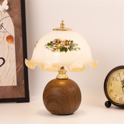 Mengjay Tischlampe Wohnzimmer mit Keramikfuß - Tischleuchte klassisch für Schlafzimmer - Nachttischlampe Glaslampenschirm - Nachttischleuchte Glas Keramik (A)