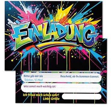 Junaversum 12 Einladungskarten zum Kindergeburtstag Graffiti Junge Mädchen Kinder coole bunte Einladungen Geburtstag Geburtstagseinladungen Kids