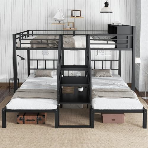 Eisenbett, Etagenbett 90x200cm & 140x200cm,Bett mit DREI Schlafplätzen, Bequeme Treppe mit Handläufen,Stabile Bettgestellstruktur,Oberes Bett mit Stauraum, Eisen,Schwarz,