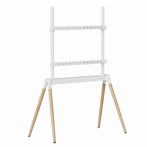 Soporte para TV GMB Audio para pantallas de 55 - 86 - Color blanco/madera, se adapta a cualquier entorno - Compatible con VESA, ajuste de altura continuo, gestión de cables integrada