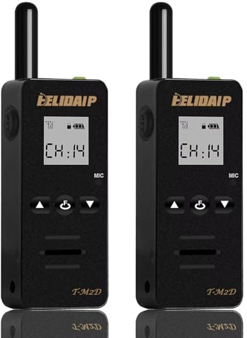 ELIDAIP T-M2D Mini Walkie Talkie Set, 16 Kanal PMR446 Funkgerät Tragbares | 1100mAh Akku, 3 KM, 50g Leicht, Wiederaufladbares Funkgerät für Gastronomie, Hotel, Lager, Reisen, Outdoor (Schwarz 1 Paar)