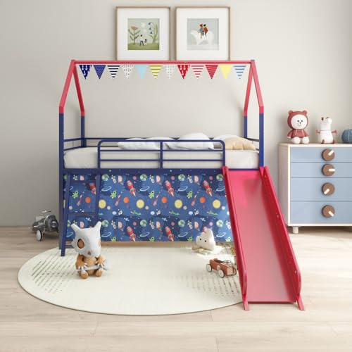 Clyrava Loft Bed Twin Size with Slide & Stairs, Low House Loft Bed for Kids, Metal Playhouse Bed with Curtain & Under-Bed Play Space, Easy Assembly, No Box Spring Needed (Red+Blue, Twin)