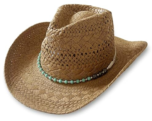 Sombrero de Vaquero de Paja, Sombrero de Vaquera de Paja con Cuentas Occidentales Protección Solar Gorra de Playa cómoda y Transpirable de ala Ancha para Vacaciones de Verano en la Playa