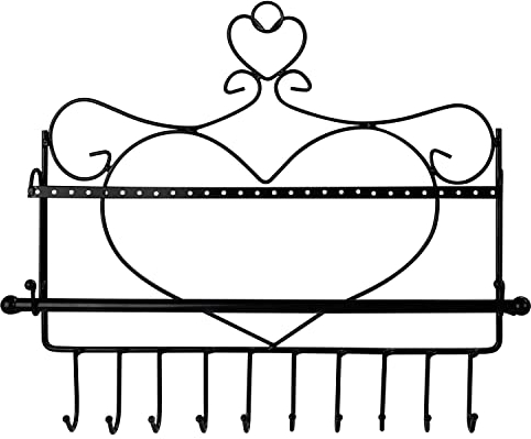 BELLE VOUS Schmuckaufbewahrung Wand Jewelry Organizer Schwarz in Herzform - L34 x H31cm - 28 Löcher, 12 Ohrring Haken & Stange - Schmuck Halter Wand zur Ketten Aufbewahrung, für Ohrringe & Armbänder