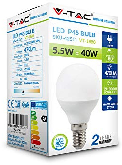 V-TAC 5.5W (40W) Energy Saving P45 Golf Light Bulb 60W Equivalent E14 SES Small Edison Screw Cap 4000K Day White Non Dimmable, VT-1880