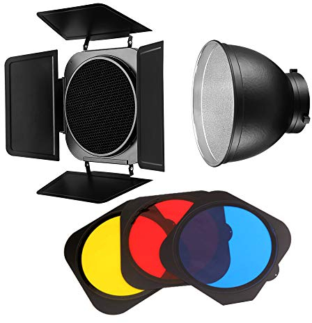 JINBEI Modifikator Scheunentor mit Wabengitter, Bowens-Halterung mit 20 cm Standard-Reflektor, 3 Farbfiltergelen, Zubehör-Set für professionelle Studio-Fotografie (Blau, Gelb, Rot)