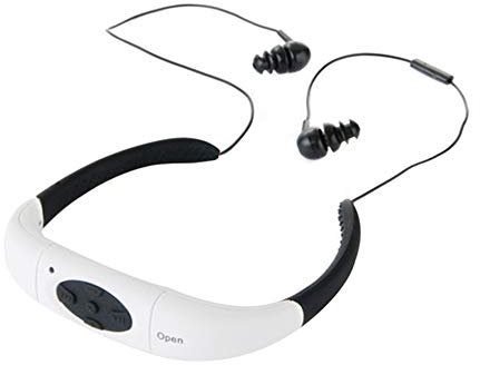 Suney Lecteur MP3 étanche Casque audio sans fil 8 Go HiFi pour natation et course à pied 6 à 8 heures Lecteur MP3 étanche pour surf, natation, sport, course à pied Waterproof Bluetooth blanc