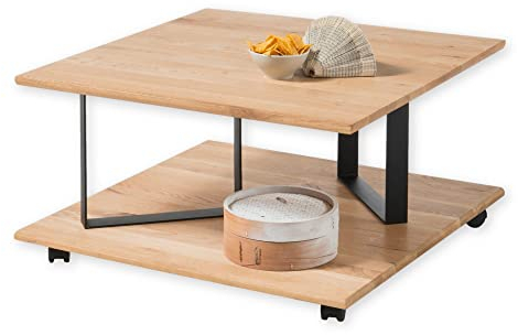 MAXIM MINI Couchtisch Massivholz Eiche auf Rollen - Mobiler Sofatisch mit schwarzem Metallgestell - 80 x 36 x 80 cm (B/H/T)