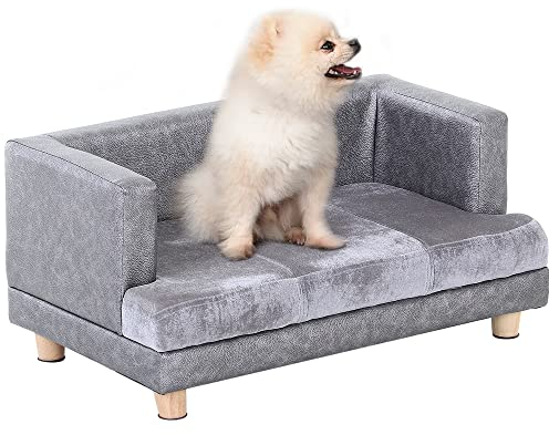 PawHut Hundesofa, Haustiersofa, Hundebett, Hundematte, Kunstleder, Kurzplüsch, Grau, 68 x 41 x 32 cm