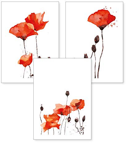 Kreative Feder 3-teiliges Premium Poster-Set | Mohnblumen | Deko Bild für Ihre Wand | optional mit Rahmen | Wohnzimmer Schlafzimmer Modern Fine Art | DIN A4 / A3 (A4, ohne Rahmen)