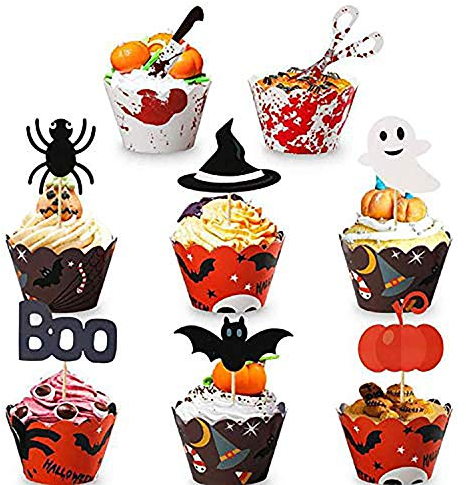 Kalolary Decorazioni per Cupcake Halloween, 48 Pezzi Set con Tazze per la Cottura in Cucina per Feste
