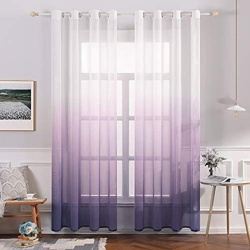 MIULEE 2 Unidades Cortinas Translúcida Visillo Suave Poliéster para Ventanas Balcon Color Gasa Moderna con 8 Anillas para Habitación Dormitorio Balcon Salón 140x160cm Gradiente Vertical Violeta