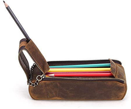 Hiram Federmäppchen aus Leder, mit Reißverschluss, für Schule, Arbeit und Büro, Retro-Stil