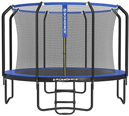 SONGMICS Trampolin 305 cm d, Gartentrampolin für Kinder mit Sicherheitsnetz, 180 cm hohe Stangen, Randabdeckung, Leiter, Stahlrahmen, schwarz-blau STR103Q01