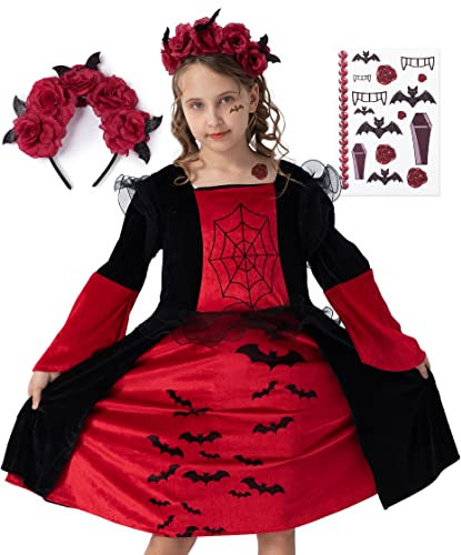 corimori Vampir-Kostüm Set Kleid für Mädchen | mit Haarband & Tattoos | Halloween Kinder-Kostüm | schwarz-rot, Größe 104/110
