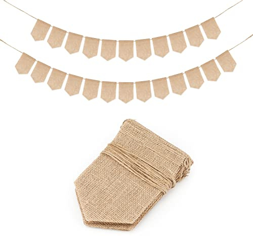 G2PLUS Hessian Bunting Banner, 24PCS DIY Blank Burlap Bunting Garland - 8M Rustic Linen Bunting - 12x17CM Hessian Garlands for Rustic Wedding Birthday Party Baby Shower Decoration