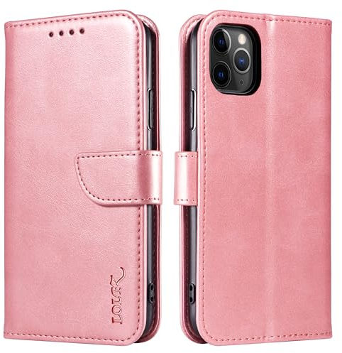 LOLFZ Wallet Case for iPhone 11 Pro Max, Vintage Leather Book Case with Card Holder Kickstand Magnetic Closure Flip Case Cover for iPhone 11 Pro Max - Rose Gold
