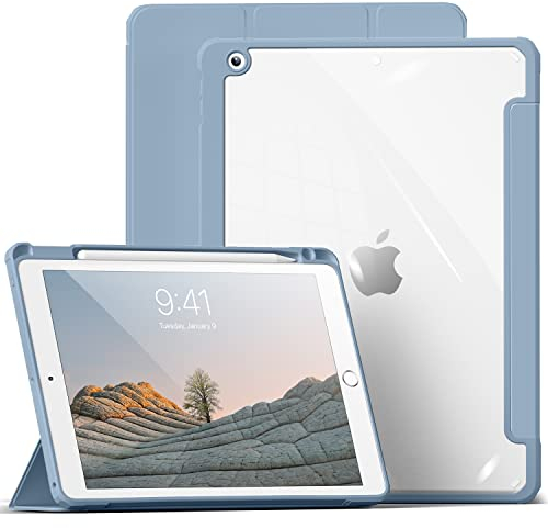 aoub Hülle für iPad 9. /8. / 7. Generation 2021 2020 2019, Smart Folio Hülle mit Stifthalter für iPad 9/8/7, Schutzhülle für i Pad 10,2 Zoll, Transparente Rückseite, Blau