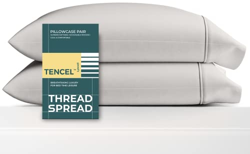 THREAD SPREAD Kühlende 100% Tencel Lyocell Kissenbezüge 2er Set - Cool Breathable Extra Soft Kissenbezüge - Lyocell Kissenbezug - Natürliches seidiges Material, Feuchtigkeitstransport (Silber, King