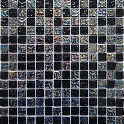 LSDECO 12 x 12 Glass Mosaic Tile for Kitchen Backsplash, Iridescent Glass Tiles for Swimming Pool Bathroom Wall (Laguna Black Iridescent, 1 Sheet)
