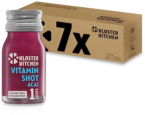 Kloster Kitchen Bio Vitamin Shot Beere Acai 1SHOT 7x 30 ml mit echten Ingwerstückchen I Ingwer Shot vegan in der To Go Glasflasche I süß-scharf ohne Zusatzstoffe & mit natürlicher Süße