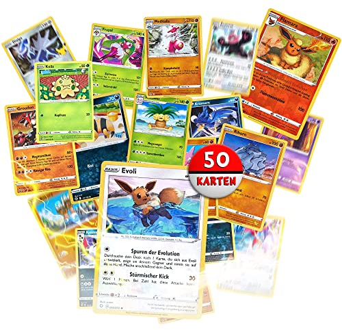 Heartforcards® 50 Original verschiedene Pokemon Karten | Deutsch |1 Booster Pack | 3 Holo | 3 Selten | 1 zufällig Pikachu/Glumanda/EvoIi | Sammelkarten aus aktuelle Sets | für Weihnachten + 100 Hüllen