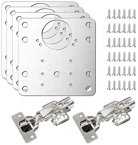 Simpeak Juego de Placa de Reparación de Bisagras y Bisagras Puertas Cocina, 4 Piezas 9 x 9 cm Placas de Bisagras de Puerta de Armario de Cocina con Orificios + 2 Piezas 35mm Bisagras de Armario