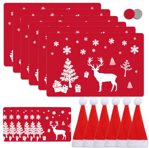 MQIAN 18PCS Christmas Placemats and Coaster Sets, Washable Heat Resistant Reindeer Placemats with Cup Mats
