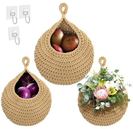3Pcs Hanging Teardrop Wall Basket with Hooks - Handwoven Vegetable and Fruit Basket for Kitchen Storage - Tomato, Potato, Onion