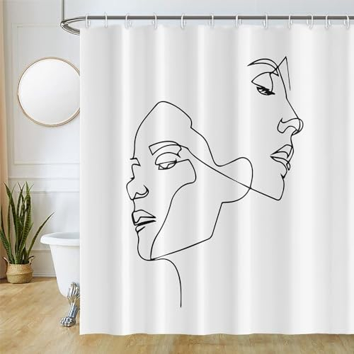 Uiiooazy Tenda Doccia Antimuffa, Tenda da Doccia 180x180cm Boho Style Astratta Nero Linee Minimalista Tende da Bagno Tessuto Lavabile Impermeabile Poliestere Tende per Vasca da Bagno con 12 Anelli