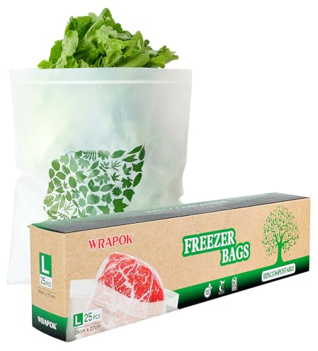 WRAPOK Compostable Food Freezer Bags Biodegradable Gallon Storage Bag for Vegetables, Fruits or Meats - 25 Count