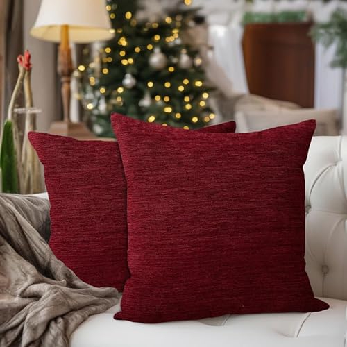Encasa XO Feine Chenille-Kissenbezüge 2-teiliges Set - Red 1-50x50 cm Strukturiertes, einfarbiges, weiches und glattes dekoratives Kissen mit quadratischem Akzent für die Couch