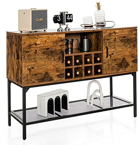 GOPLUS Sideboard Küche mit Gitterablagen, Buffetschrank mit 8 Flaschen Weinregal, Geschirrschrank mit Türen, Küchenschrank Aufbewahrungsschrank Holz für Wohnzimmer & Esszimmer