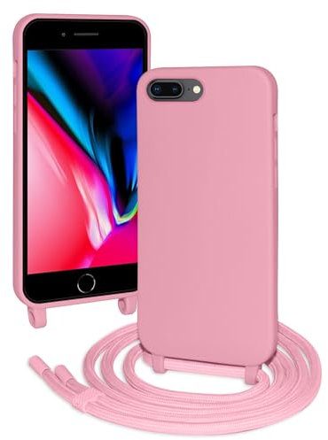 FERLAN Coque avec Cordon pour iPhone 6 Plus/7 Plus/8 Plus,Ultra Mince Antichoc Silicone Liquide Souple Étui avec Cordon Souple Doux Portable Lanyard Couverture Protection,Rose